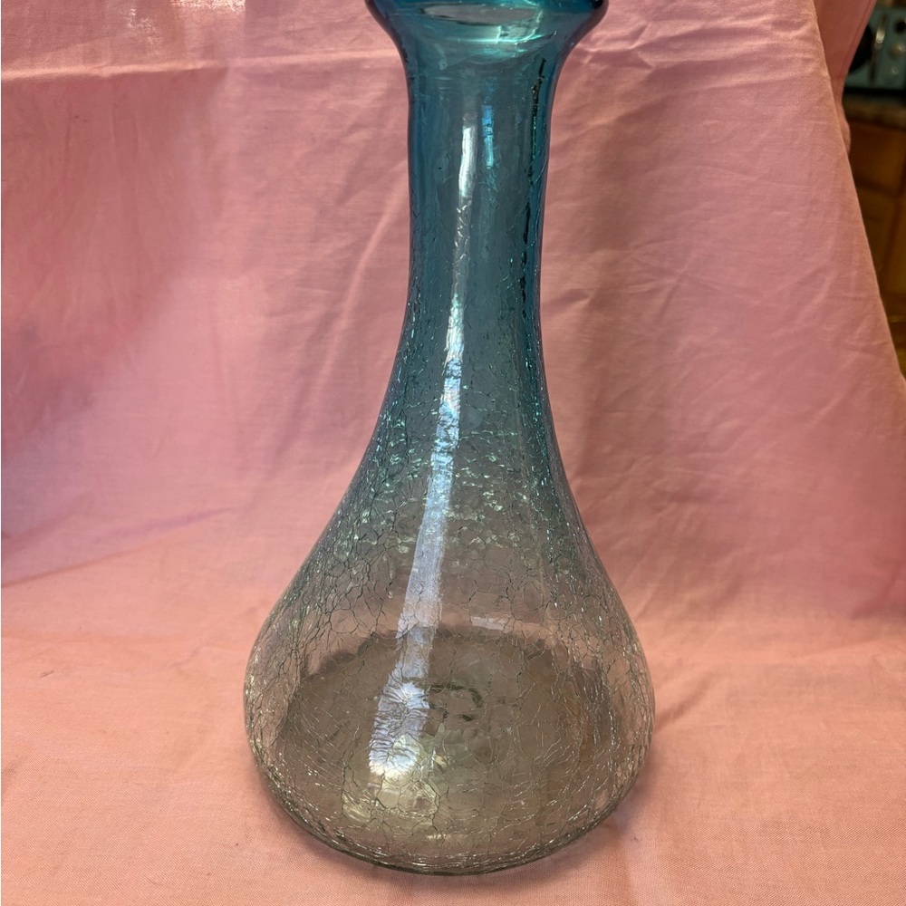Vin hand blown blue/green crackle glass decanter style vase